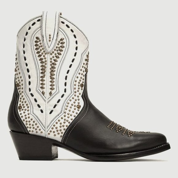 RARE Frye Tulsa Stud White Black Cowboy Pull-On Vintage Party/Festival Low Boots - Picture 2 of 14